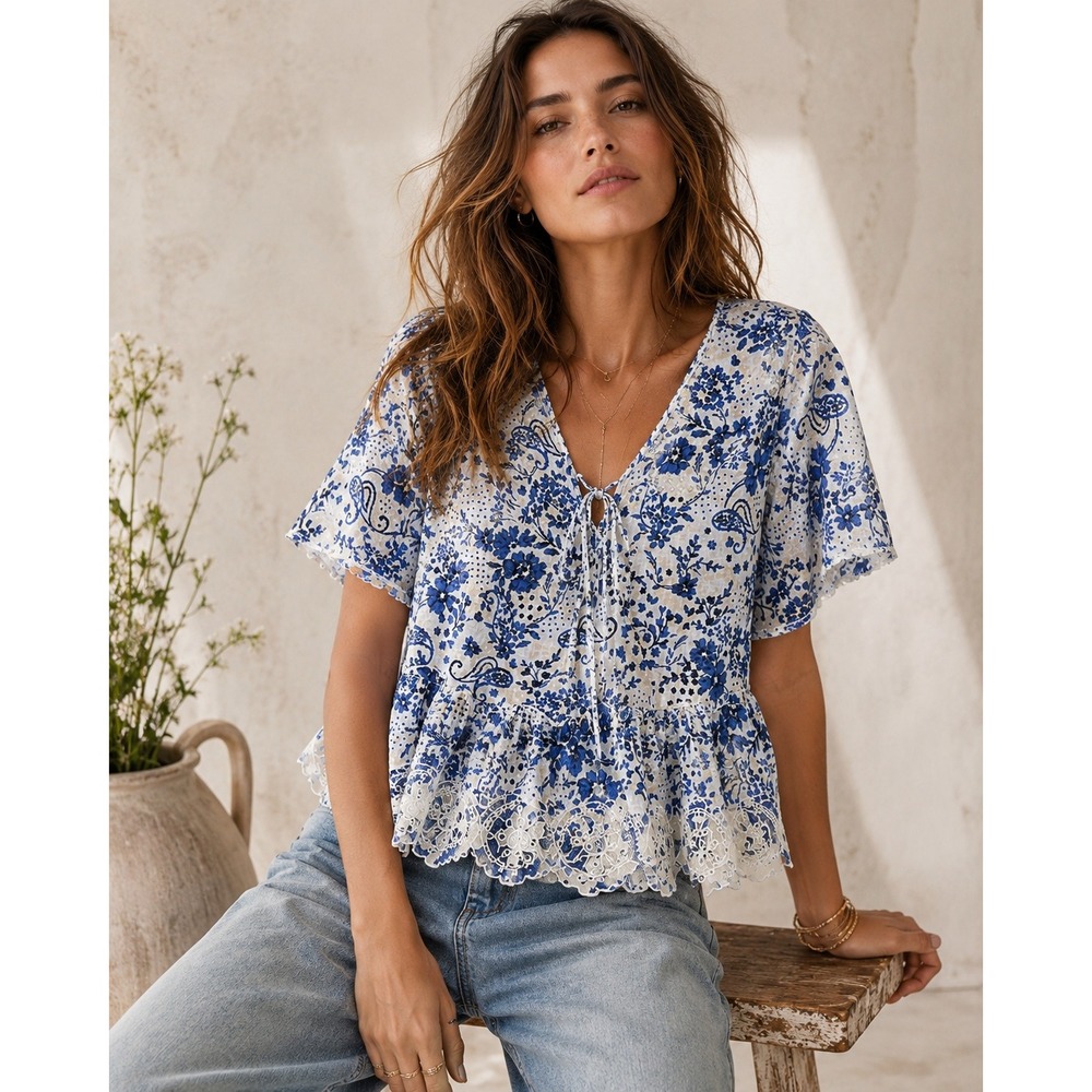 Jessica Simpson Blue Floral Embroidered Peplum Blouse Lace Trim Tie Size Large